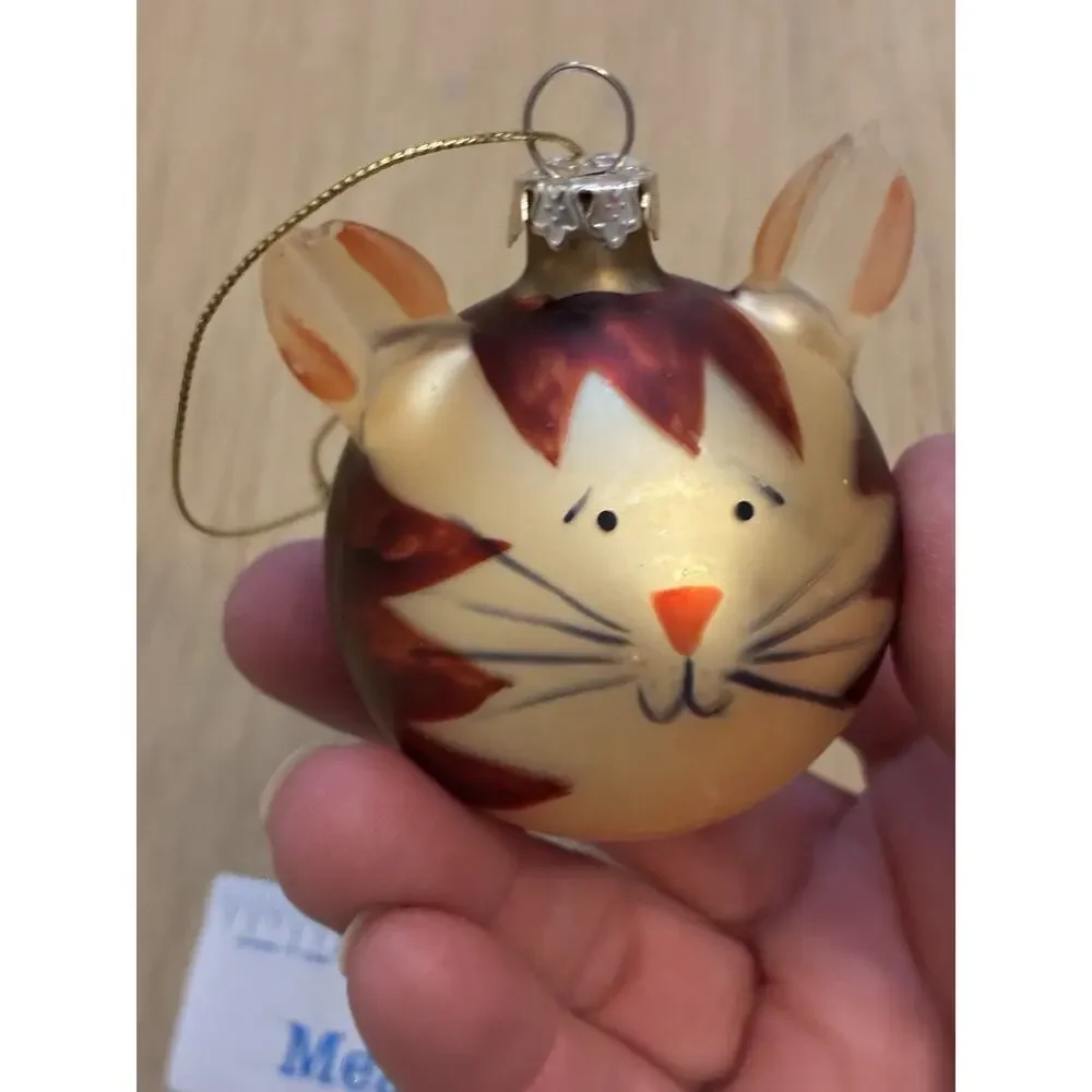 Vtg Orange Tabby Cat w/Ears Ornament Mercury glass Blown Artsy Animal Kitty Cat